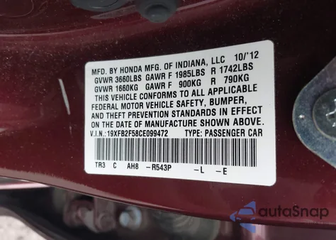 2012 Honda Civic Lx из США, поврежденный, VIN 19XFB2F58CE099472